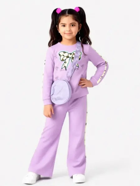 Girls Bow Fleece Winter Tracksuit Set with Matching Purse