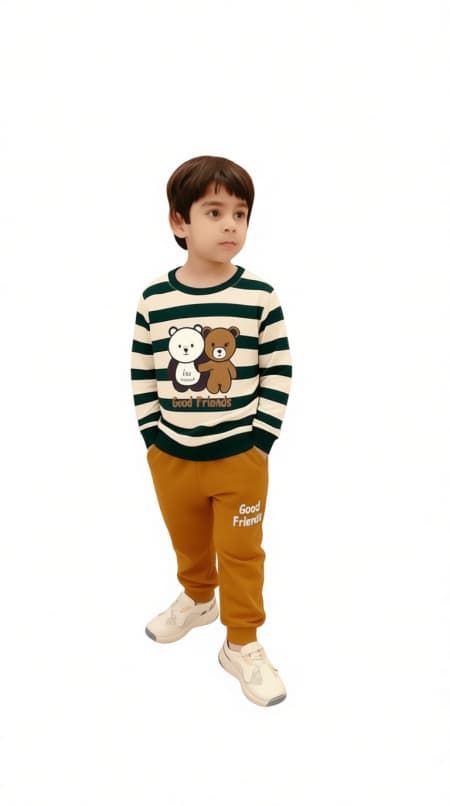 Boys Winter Fleece Suit – “Good Friends” Bear Stripe Sweatshirt