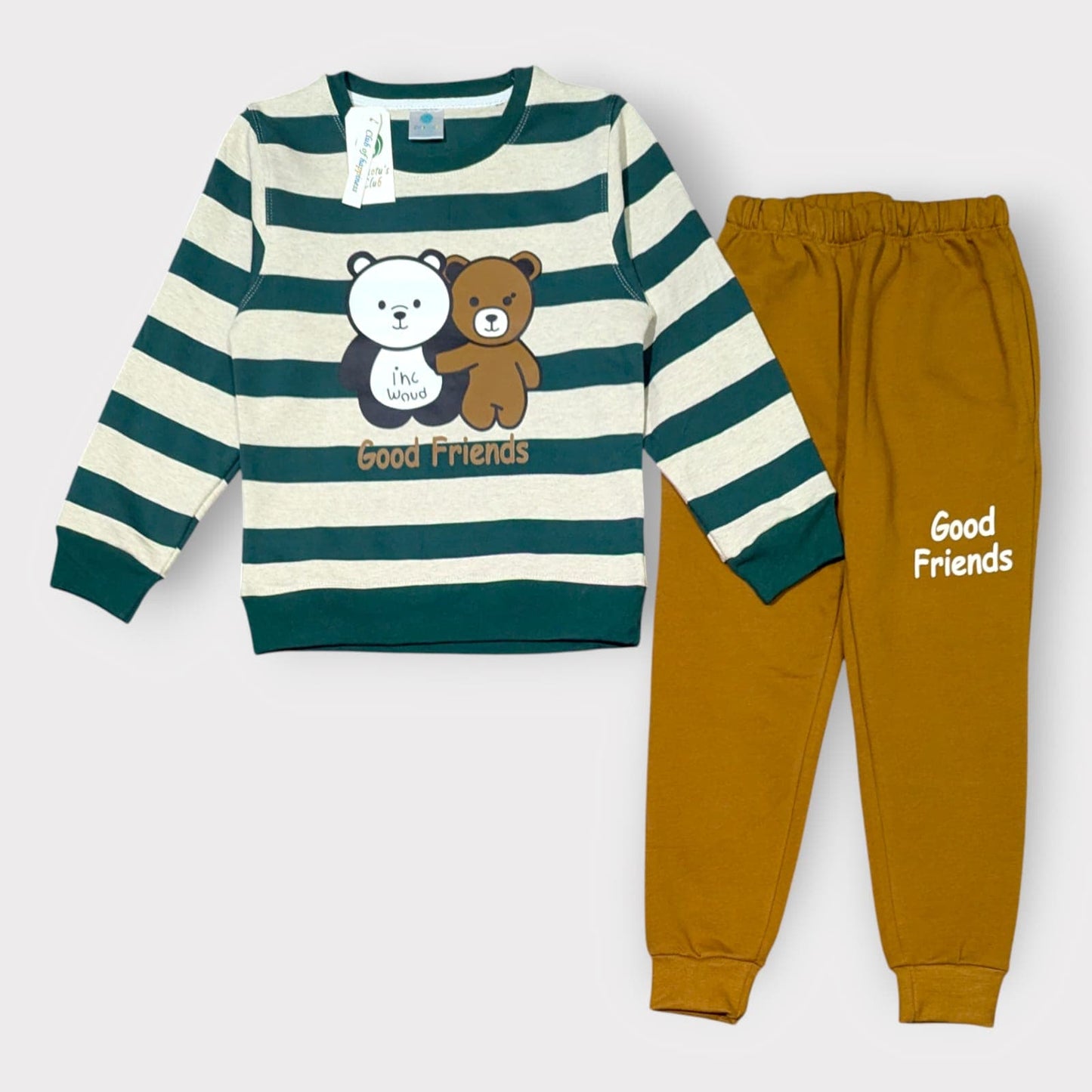 Boys Winter Fleece Suit – “Good Friends” Bear Stripe Sweatshirt