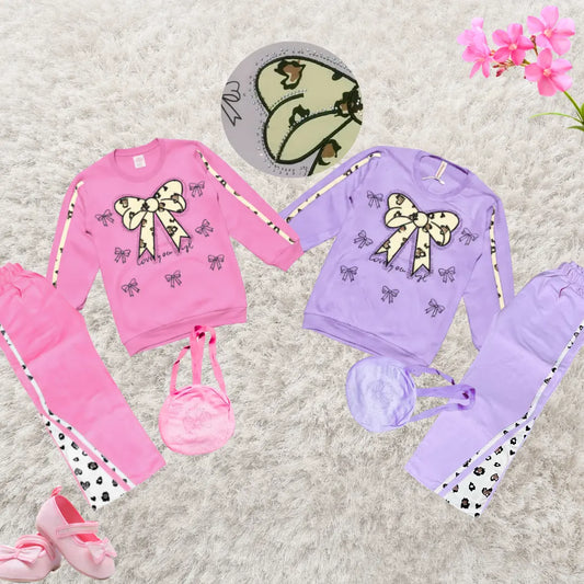 Girls Bow Fleece Winter Tracksuit  Set with Matching Purse